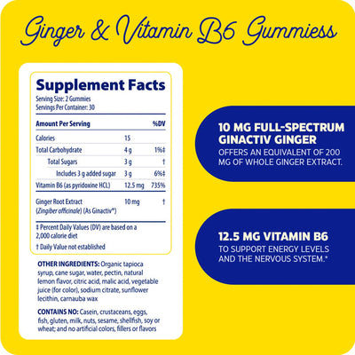 Enzymedica Ginger & Vitamin B6 Gummies 60 count supplement facts panel with ginger and vitamin B6 dosage highlights on yellow background