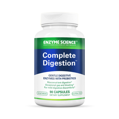 Enzyme Science Complete Digestion 90 Capsules bottle, white with green and blue label for digestive enzyme supplement
