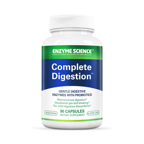 Enzyme Science Complete Digestion 90 Capsules bottle, white with green and blue label for digestive enzyme supplement