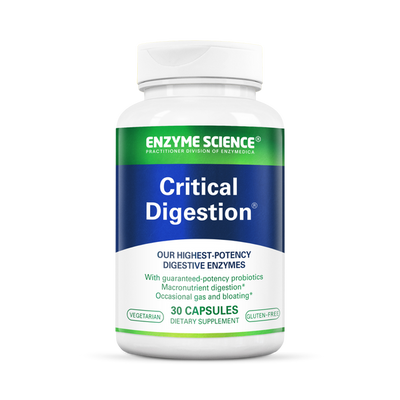 Enzyme Science Critical Digestion 30 Capsules bottle front, white and green label digestive enzyme supplement