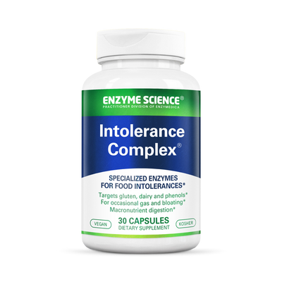 Enzyme Science Intolerance Complex 90 Capsules bottle front with green and blue label for food intolerance support