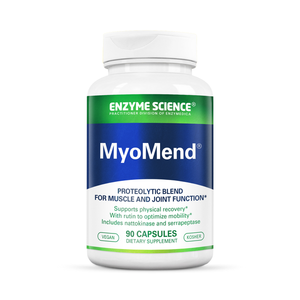 Enzyme Science MyoMend 120 Capsules bottle front, white container with green and blue label for muscle and joint support