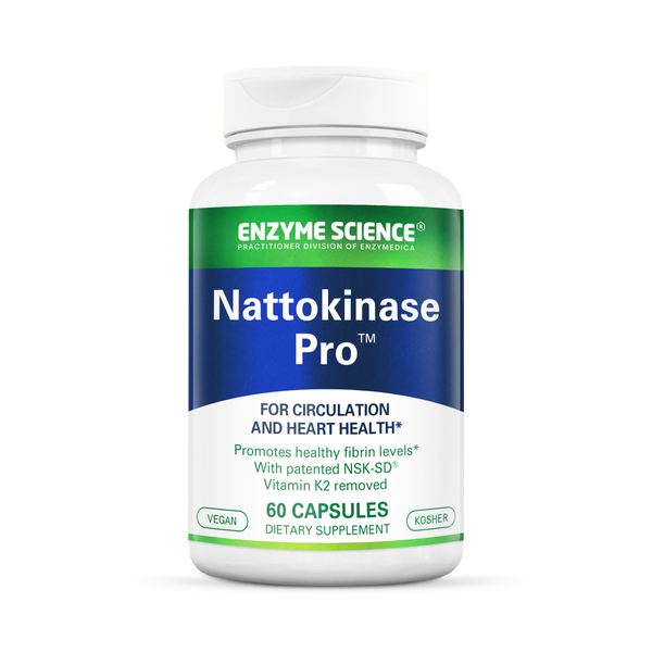 Enzyme Science Nattokinase Pro 60 capsules bottle front, white with green and blue label for circulation and heart health