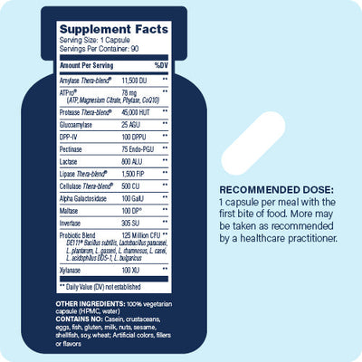 Enzyme Science Complete Digestion 90 Capsules supplement facts label and recommended dose text on blue background