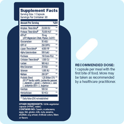 Enzyme Science Critical Digestion 90 Capsules bottle showing supplement facts and recommended dose text on blue background