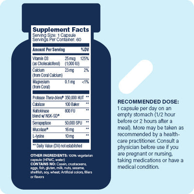 Enzyme Science Enzyme Defense Pro 60 capsules bottle with detailed Supplement Facts and recommended dosage text on label