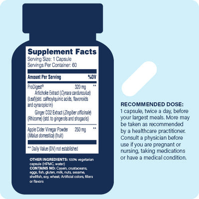 Enzyme Science GI Motility Complex 60 Capsules supplement facts and recommended dosage panel on blue bottle illustration