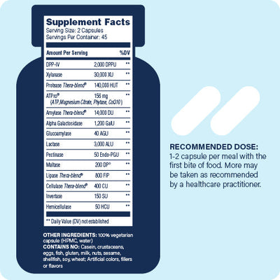 Enzyme Science Intolerance Complex 30 Capsules supplement facts and recommended dosage label on blue background