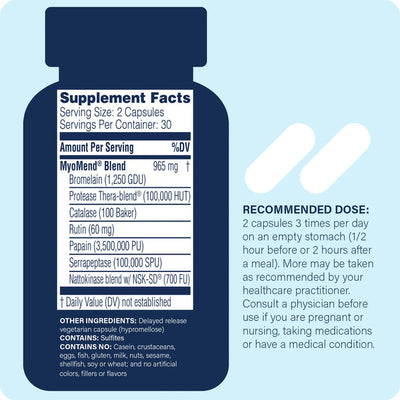Enzyme Science MyoMend 60 Capsules supplement facts and recommended dosage text on blue background