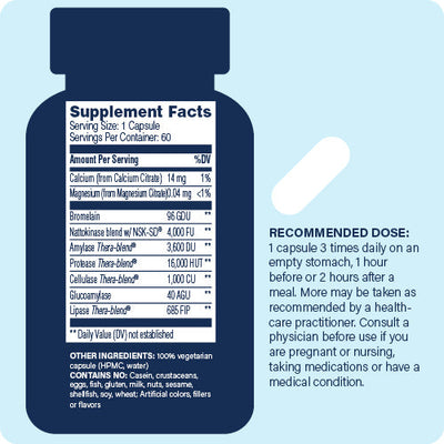 Enzyme Science Nattokinase Pro 60 Capsules supplement facts and recommended dose label on blue bottle illustration