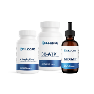 CellCore Biosciences Energy3 Bundle bottles featuring MitoActive, BC-ATP, and HydrOxygen supplements on a white background