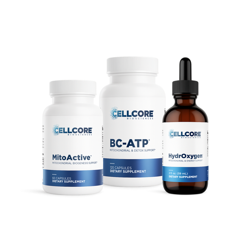 CellCore Biosciences Energy3 Bundle bottles featuring MitoActive, BC-ATP, and HydrOxygen supplements on a white background