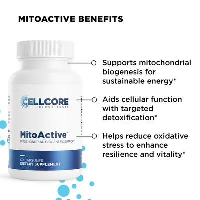 CellCore Biosciences MitoActive bottle front showing 60-capsule label and listed mitochondrial and cellular health benefits