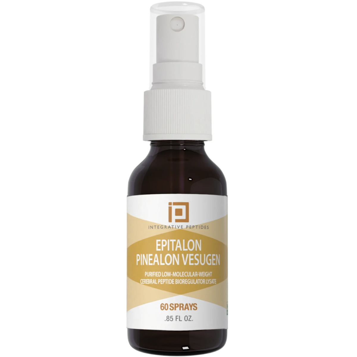 Integrative Peptides Epitalon Pinealon 60 Sprays in a brown glass bottle with white and gold front label and white pump top