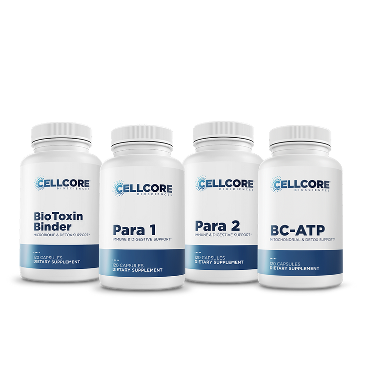 CellCore Biosciences Step 2 Gut & Immune Support kit with four white 120-capsule bottles: BioToxin Binder, Para 1, Para 2, BC-ATP