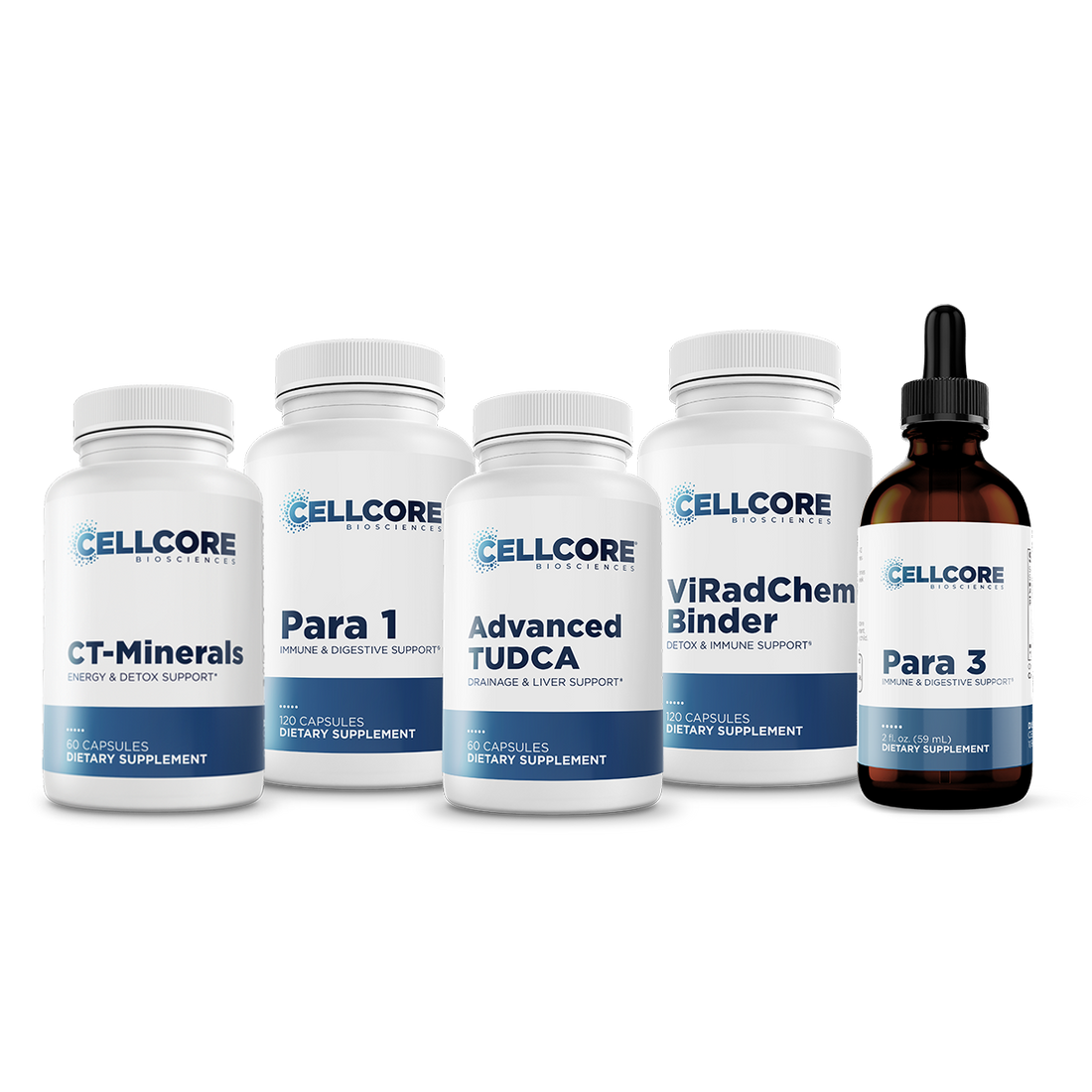 CellCore Biosciences Step 3: Whole Body Immune Support kit with four white capsule bottles and one brown liquid dropper bottle
