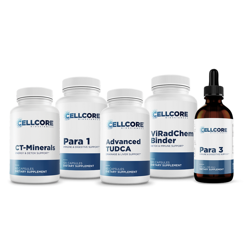 CellCore Biosciences Step 3: Whole Body Immune Support kit with four white capsule bottles and one brown liquid dropper bottle