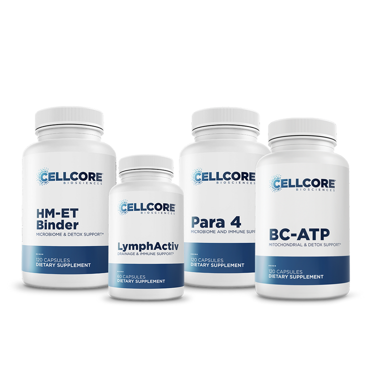CellCore Biosciences Step 4: Systemic Detox kit bottles of HM-ET Binder, LymphActiv, Para 4, and BC-ATP capsules on white background