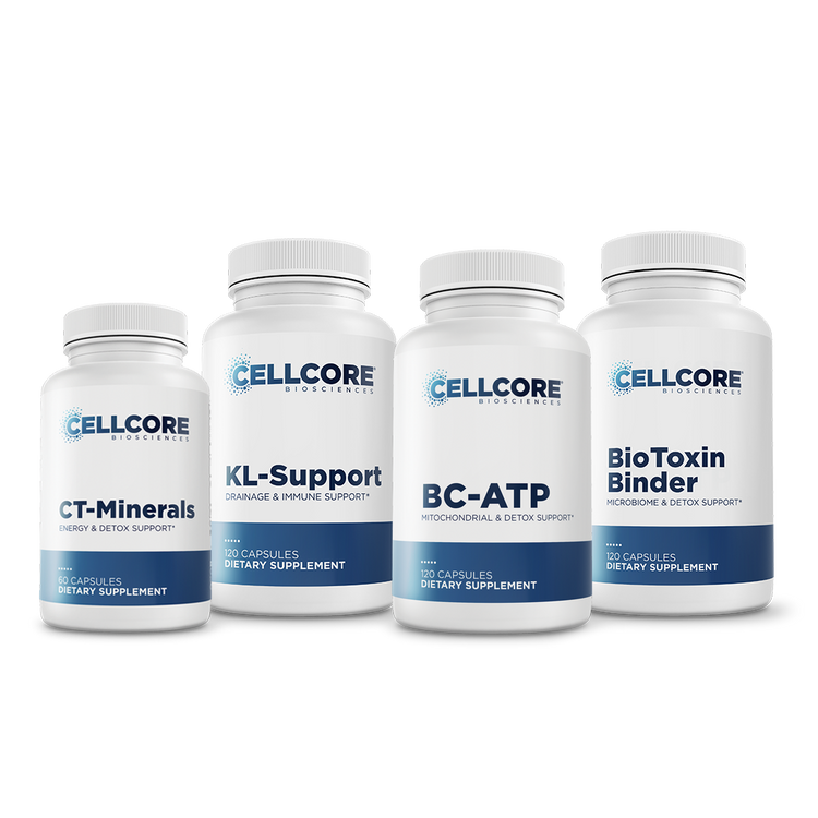 CellCore Biosciences Step 1: Energy and Drainage kit with four white capsule bottles CT-Minerals, KL-Support, BC-ATP, BioToxin Binder