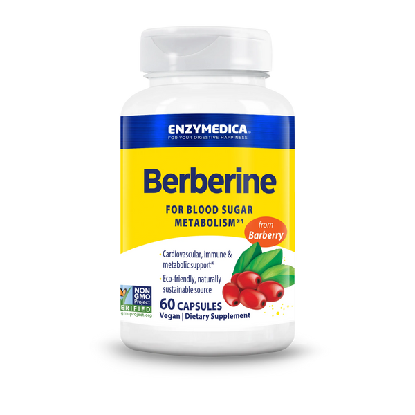 Enzymedica Berberine 60 Capsules bottle front, yellow and white label with barberry berries and blood sugar metabolism support claims