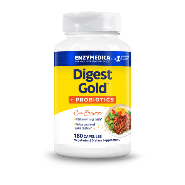 Enzymedica Digest Gold + Probiotics 180 Capsules bottle front with yellow label and food image on white background