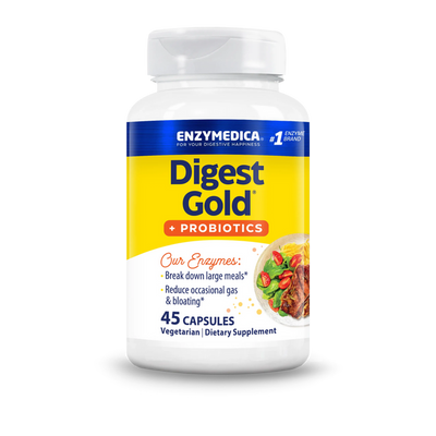 Enzymedica Digest Gold + Probiotics 45 Capsules bottle front with yellow and white label and digestive health claims