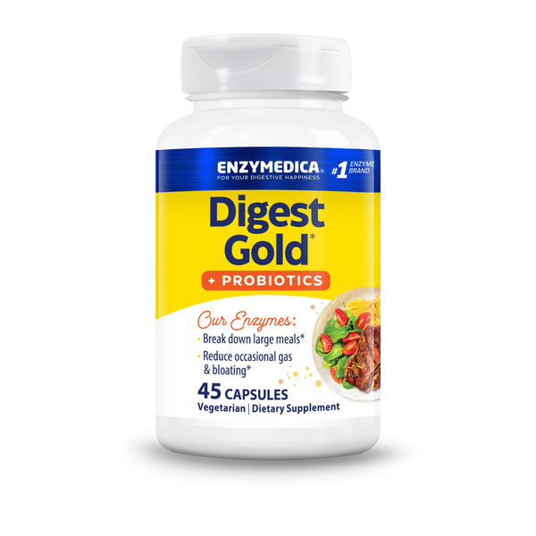 Enzymedica Digest Gold + Probiotics 45 Capsules bottle front with yellow and white label and digestive health claims
