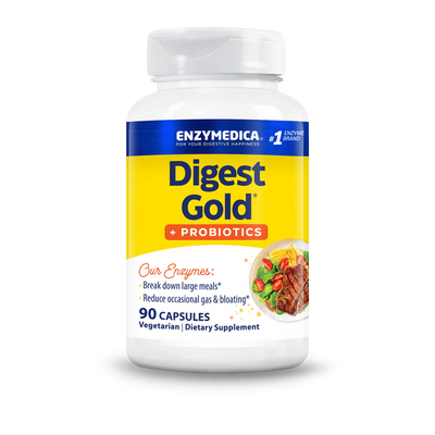 Enzymedica Digest Gold + Probiotics 90 Capsules bottle front with yellow label and meal image on white background