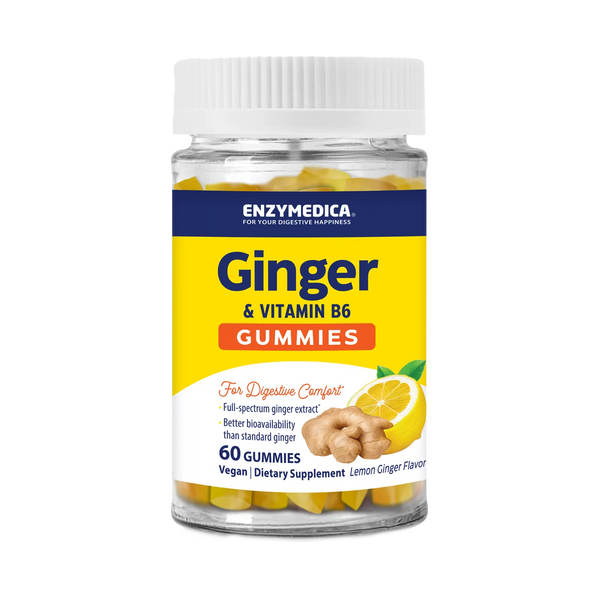 Enzymedica Ginger & Vitamin B6 Gummies bottle front, 60-count lemon ginger flavor vegan dietary supplement.