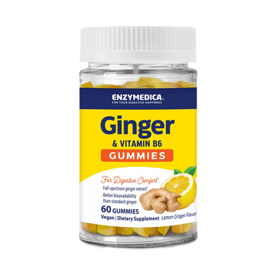 Enzymedica Ginger & Vitamin B6 Gummies bottle front, 60-count lemon ginger flavor vegan dietary supplement.