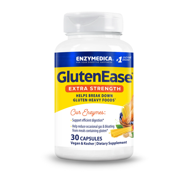 Enzymedica GlutenEase Extra Strength 30 Capsules bottle front with yellow and white label and pasta imagery