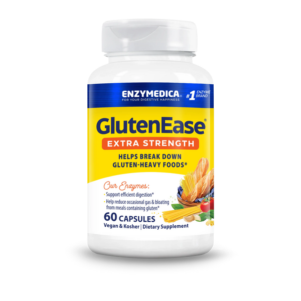 Enzymedica GlutenEase Extra Strength 60 Capsules bottle front with yellow label and gluten-heavy foods graphic