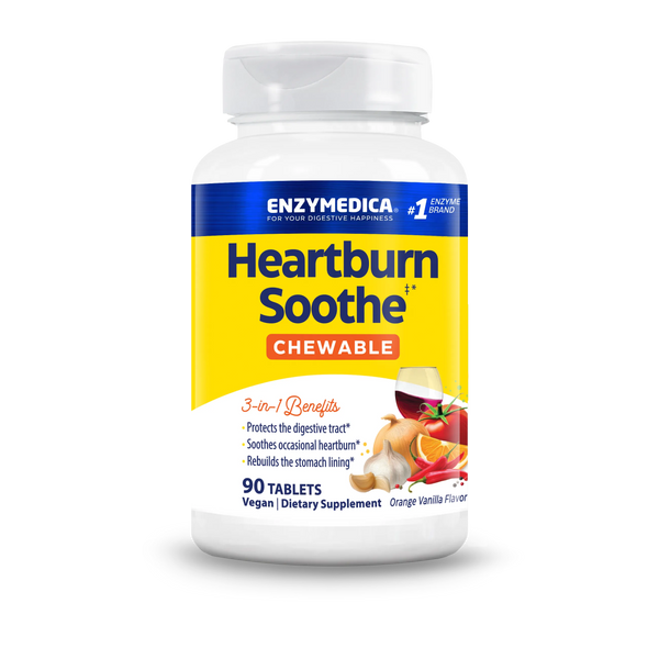 Enzymedica Heartburn Soothe 90 chewable tablets bottle with yellow and white label, orange vanilla flavor highlighted
