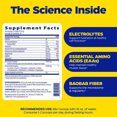 Enzymedica Fasting Today Supplement Facts panel highlighting electrolytes, EAAs, and baobab fiber benefits on blue and yellow design