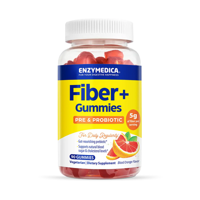 Enzymedica Fiber+ Gummies bottle front, 90-count blood orange flavor prebiotic and probiotic supplement gummies.