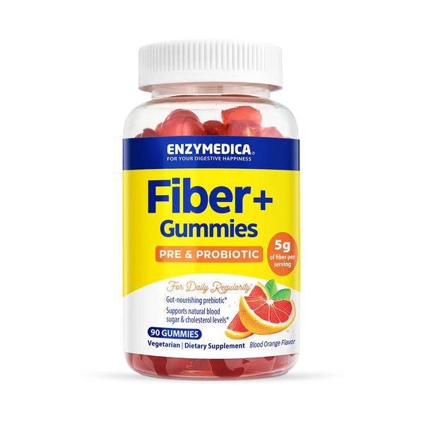 Enzymedica Fiber+ Gummies bottle front, 90-count blood orange flavor prebiotic and probiotic supplement gummies.
