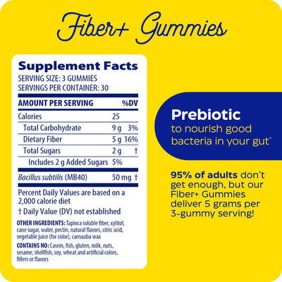 Enzymedica Fiber+ Gummies 90-count supplement facts panel highlighting 5g fiber and prebiotic support per 3-gummy serving