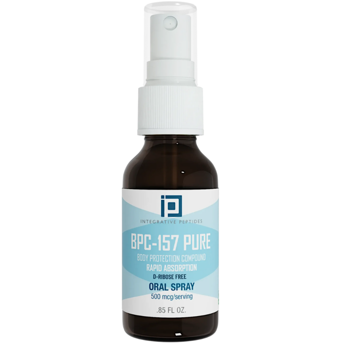 Integrative Peptides BPC-157 D-Ribose Free Oral Spray 0.85 oz brown bottle with white and blue front label and spray cap