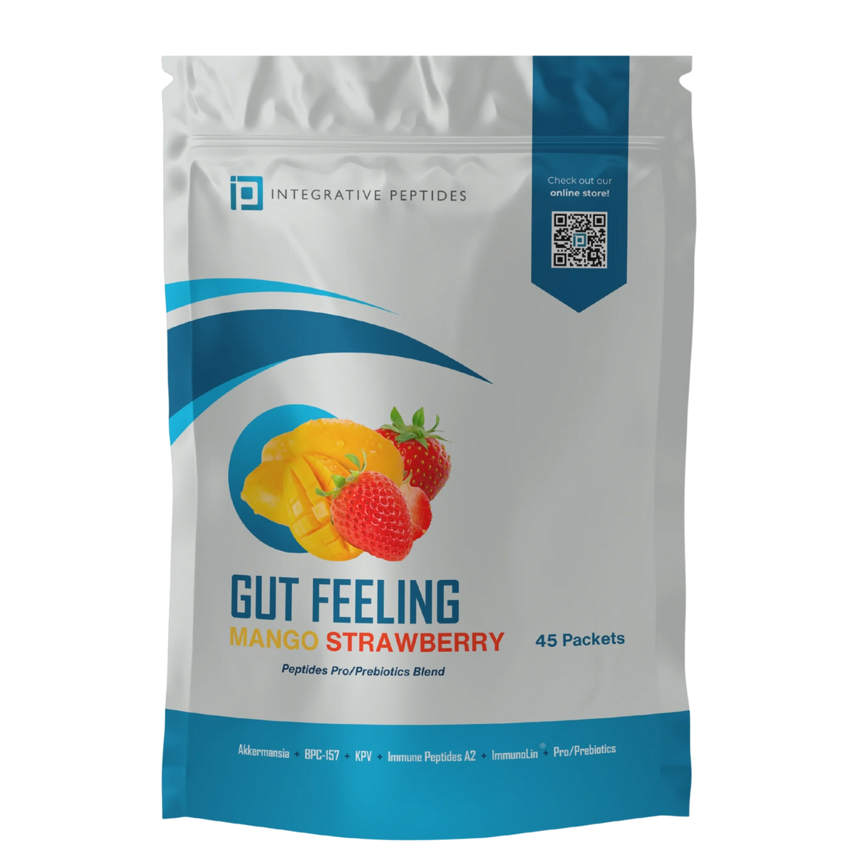Integrative Peptides Gut Feeling Mango Strawberry 45-packet pouch with mango and strawberry graphics on white and blue packaging