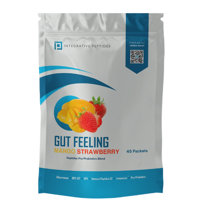Integrative Peptides Gut Feeling Mango Strawberry 45-packet pouch with mango and strawberry graphics on white and blue packaging