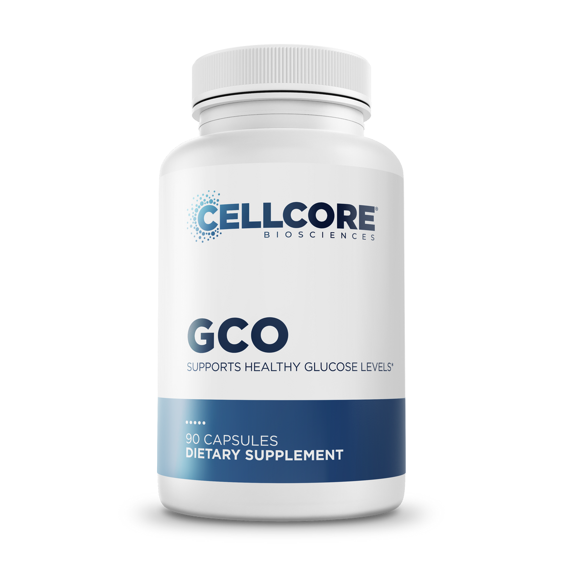 CellCore Biosciences GCO 90 capsules bottle front, white container with blue label for healthy glucose support supplement