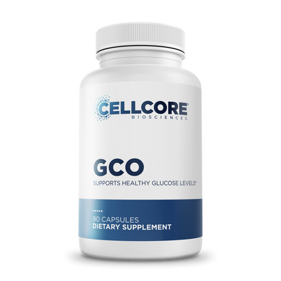 CellCore Biosciences GCO 90 capsules bottle front, white container with blue label for healthy glucose support supplement