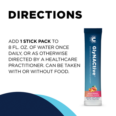 CellCore Biosciences GlyNACtive single stick pack, peach mango flavor, with usage directions text on a white background