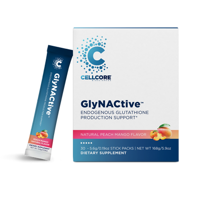 CellCore Biosciences GlyNACtive 30 packets box front with stick pack, peach mango flavor dietary supplement packaging