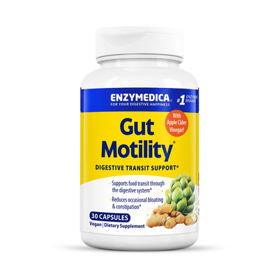 Enzymedica Gut Motility 30 Capsules bottle front, yellow and blue label with artichoke and ginger illustrations.