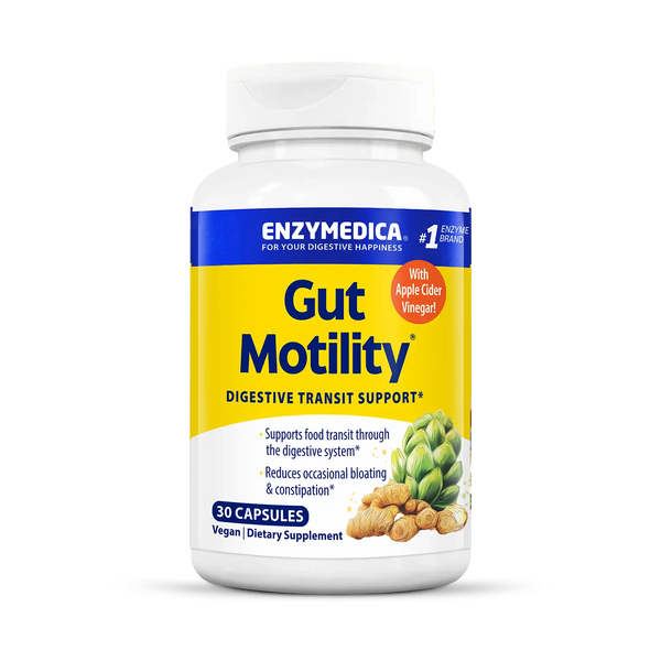 Enzymedica Gut Motility 30 Capsules bottle front, yellow and blue label with artichoke and ginger illustrations.