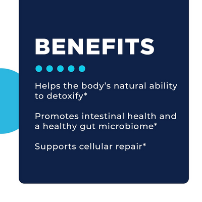 CellCore Biosciences HM-ET Binder benefits graphic listing detox, intestinal health, gut microbiome, and cellular repair support