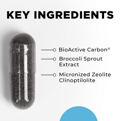 CellCore Biosciences HM-ET Binder capsule with key ingredients listed: BioActive Carbon, Broccoli Sprout Extract, Zeolite