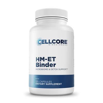 CellCore Biosciences HM-ET Binder 120 capsules bottle, white with blue label for microbiome and detox support