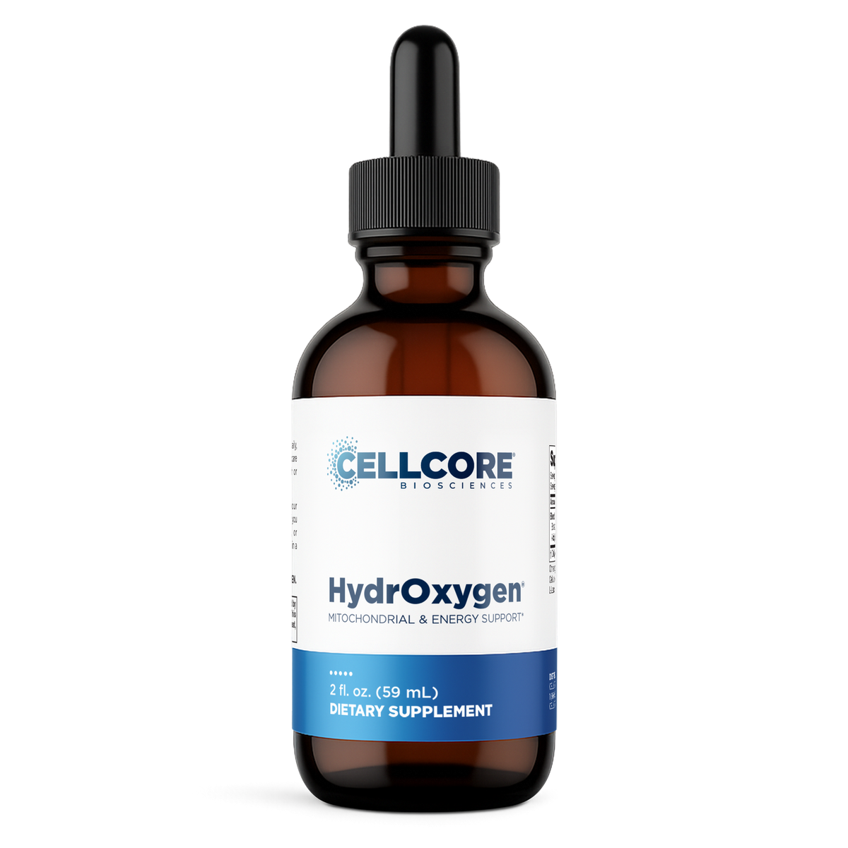 CellCore Biosciences HydrOxygen 2 oz dietary supplement in an amber dropper bottle with white and blue label